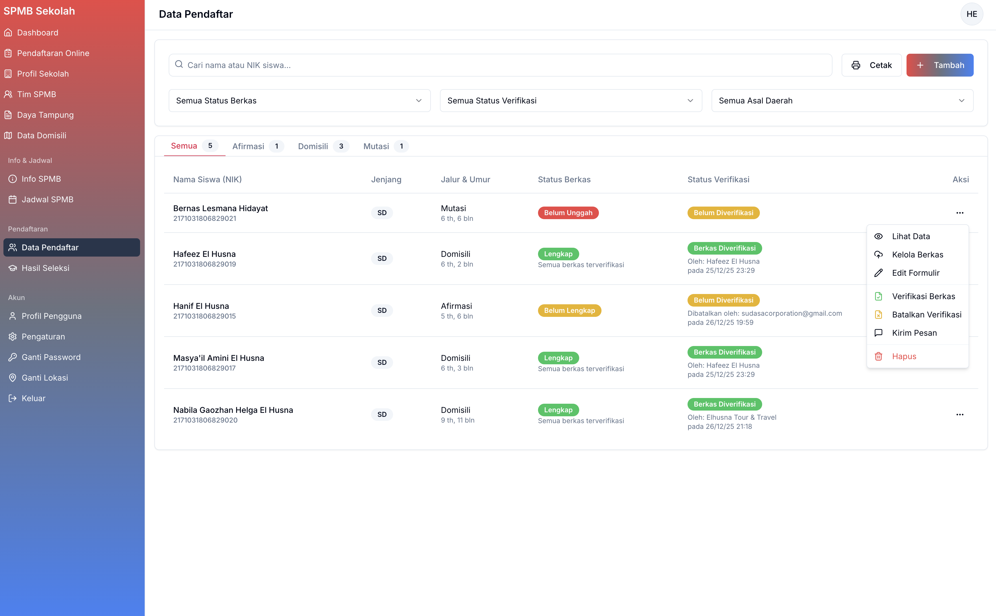 List of student registrants
